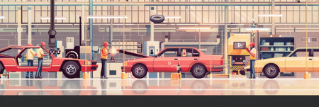 Workers in a busy body shop assemble car frames using welding equipment.の素材