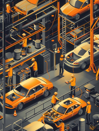 A bustling automotive body shop with workers diligently assembling and welding car bodies, showing the technical expertise and hard work involved in vehicle manufacturing.の素材