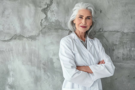 A smiling elderly woman doctor, wearing a white coat, stands in front of a light gray concrete wall, arms crossed.の素材