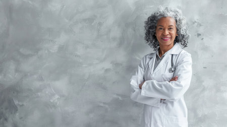 A senior woman doctor wearing a white coat stands against a light gray concrete wall. She has gray hair pulled back, is smiling, and looking at the camera.の素材