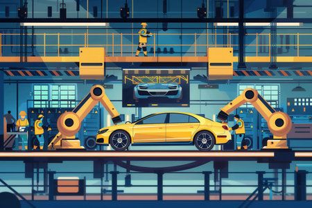 A digital illustration depicting a dynamic car assembly line with workers and robots assembling a yellow car.の素材