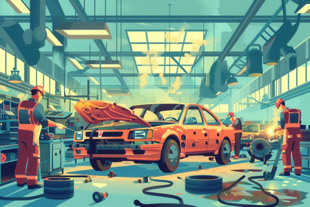 Workers in red overalls weld and assemble car bodies in a busy body shop.の素材