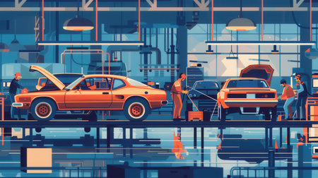 A vibrant illustration depicting workers in a bustling body shop, welding and assembling car bodies. Perfect for manufacturers of body parts and welding equipment.の素材