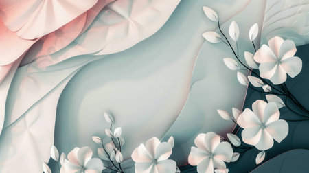 Minimalist floral design with white geometric flowers and abstract shapes in soft pastel tones, perfect for modern architecture or design studios.の素材