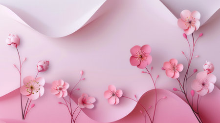 A contemporary design featuring delicate, pink floral patterns rendered in a minimalist, geometric style against a soft, wavy paper background.の素材