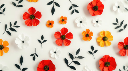 A clean and contemporary image of geometric floral patterns in red, orange, white, and black.の素材