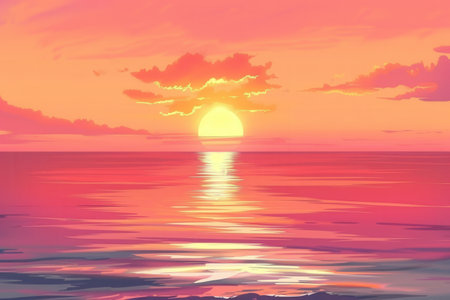 A breathtaking sunset over the ocean with warm orange and pink skies reflecting on the water.の素材
