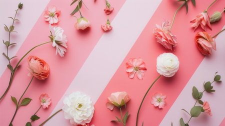 Minimalist geometric floral pattern on a pink and white diagonal stripe background. Perfect for modern design and architectural studios.の素材