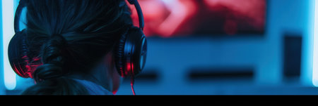 A close-up view of a persons ear wearing headphones in front of a screen displaying a blurry image of a movie or TV show.の素材