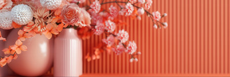 A close-up of a floral arrangement with geometric patterns in a pink vase against a modern orange wall.の素材