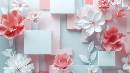 A contemporary and clean design featuring minimalist geometric floral patterns with pastel colors, perfect for modern architecture and design studios.の素材