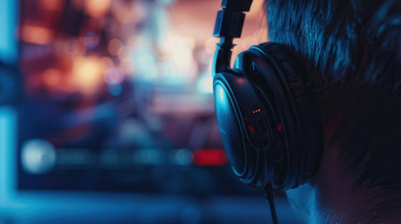 A close-up shot of a persons ear with headphones on, focused on the earcup with a screen displaying a blurry movie or TV show in the background.の素材