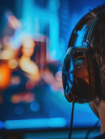 A close-up of a persons ear wearing headphones, with a blurred screen displaying a movie or TV show in the background.の素材