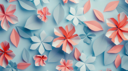 Close-up of minimalist, geometric paper flowers arranged on a light blue background.の素材