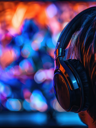 A close-up view of a persons ear wearing headphones while watching a movie or TV show, with a brightly lit screen in the background.の素材