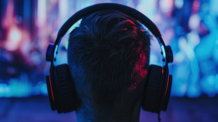 A person wearing headphones is engrossed in a screen showing a movie or TV show, with vibrant blue and red lighting.の素材