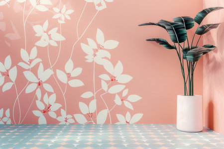 A minimalist design featuring a pink wall with white floral patterns, a geometric tile floor, and a potted green plant.の素材