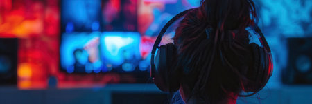 A close-up shot of a persons ear wearing headphones, with a blurred television screen in the background. The room is dimly lit, with the only light source coming from the screen.の素材