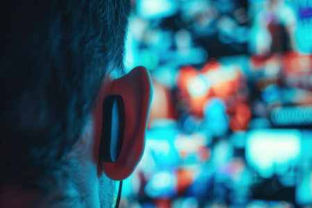 A close-up shot of an ear wearing headphones, with a blurred background of a screen displaying colorful, moving images.の素材