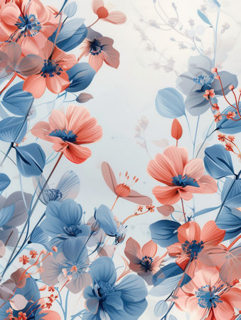 A minimalist floral pattern with geometric shapes in soft blue and pink hues.の素材
