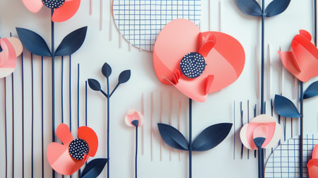 A close-up of a modern wall art installation featuring geometric paper flowers in shades of pink and red, with blue stems and leaves.の素材