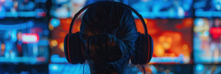 A close-up shot of an ear with headphones on, focusing on a person watching a screen in a dark room.の素材