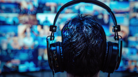 A close-up shot of a persons ear wearing headphones, with a blurred screen in the background displaying a movie or television show.の素材