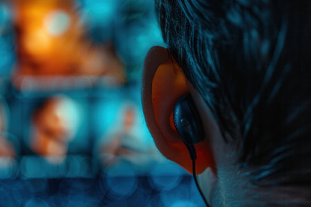 A close-up image of an ear with headphones in front of a screen displaying a blurred image of a movie or TV show.の素材