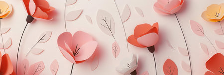 Minimalist geometric floral pattern in shades of pink, peach, and orange, on a white background.の素材