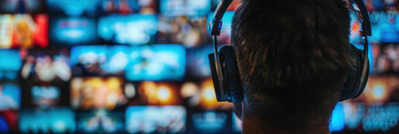 Close-up shot of an ear wearing headphones in front of a screen displaying a movie or television show.の素材