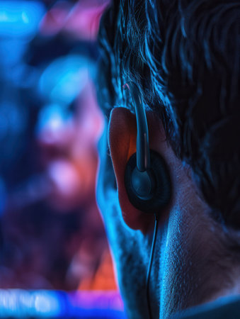A close-up shot of a persons ear with headphones on, facing a screen displaying a movie or television show. The screen is blurred and the faces face is obscured.の素材