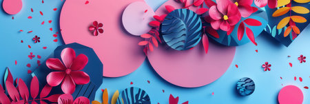 Minimalist floral pattern with geometric shapes in pink, blue, and red on a blue background.の素材