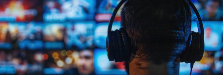 A close-up shot of a persons ear wearing headphones, with a blurred background of a screen displaying a movie or television show.の素材