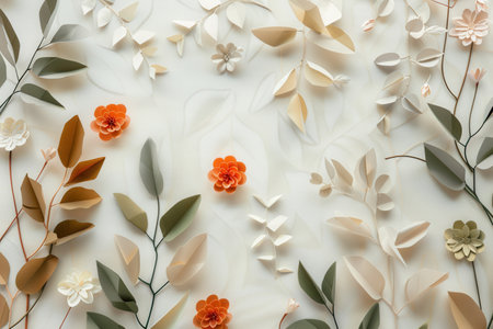 Minimalist, geometric floral patterns in shades of white, orange, and green create a contemporary and clean aesthetic.の素材