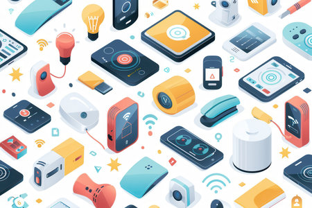 Colorful illustration showing smart home devices connected in a network, highlighting convenience & comfort of a smart home.の素材