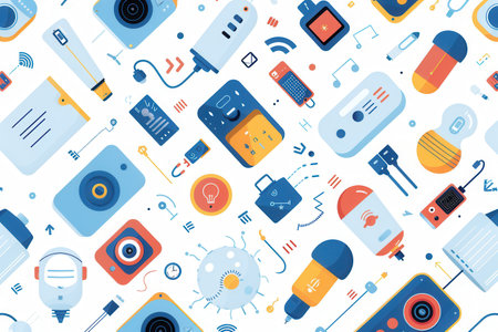 Illustration showing a network of connected smart home devices, including thermostats, security cameras, smart plugs, and light bulbs.の素材