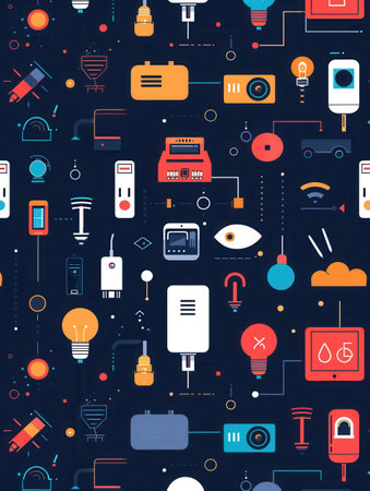 Colorful illustration showing a connected network of various smart home devices, including smart plugs, security cameras, smart bulbs, and thermostats.の素材