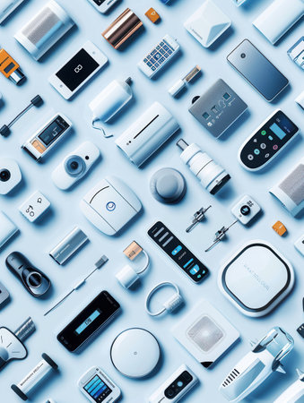 Various smart home devices like thermostats, security cameras, plugs, and light bulbs are connected to create a tech-savvy and comfortable modern home.の素材