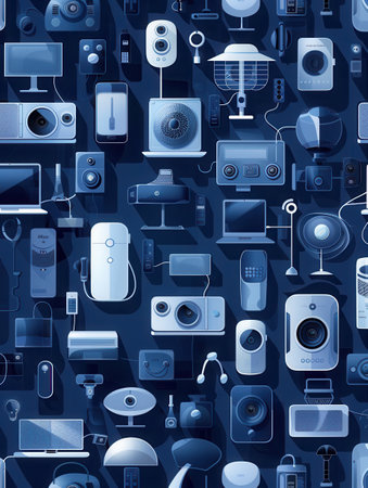 Digital illustration featuring various smart home devices like thermostats, cameras, plugs, and light bulbs connected in a network for a modern home.の素材