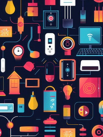 An illustration showing various smart home devices interconnected in a seamless network, representing a modern and comfortable living experience.の素材