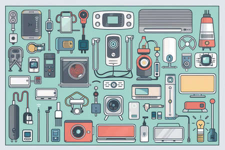 Illustration of a seamless network of connected smart home devices including thermostats, cameras, plugs, and light bulbs.の素材