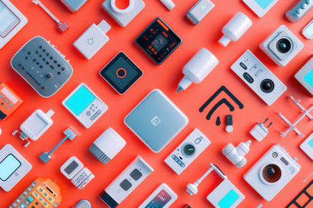 A variety of smart home devices, such as security cameras, thermostats, and smart plugs, are shown interconnected in a seamless network.の素材