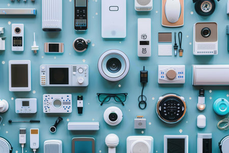 A variety of smart home devices, including thermostats, cameras, plugs, and light bulbs, are displayed on a blue background, showing a seamlessly connected network.の素材