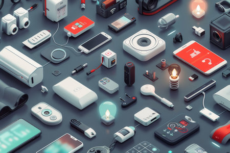 An array of smart home devices, including thermostats, security cameras, smart plugs, and light bulbs, showcase a seamless network.の素材