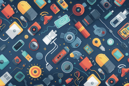 A vibrant illustration depicting an array of smart home devices, showing the interconnectedness and convenience of a modern, technologically advanced home.の素材