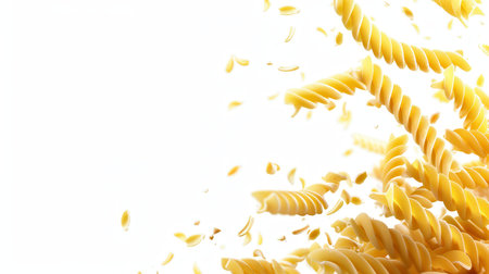Raw Italian pasta falls gracefully against a white background.の素材