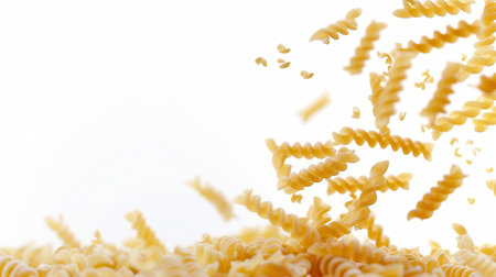 Raw Italian pasta falls gracefully against a clean white background.の素材