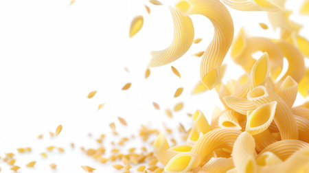 Raw Italian pasta gracefully falls against a white background, creating a visually appealing and appetizing image.の素材