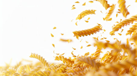 Raw Italian pasta spirals fall gracefully against a white background.の素材