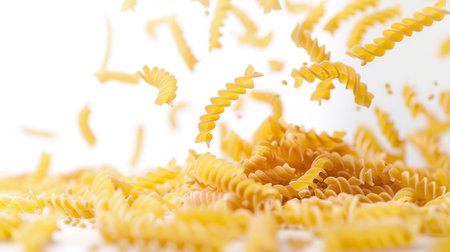A close-up of raw Italian pasta falling gracefully against a white background.の素材